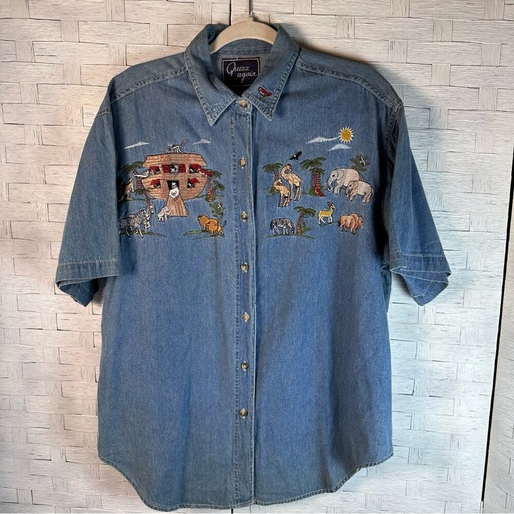 Lets Quizz Again vintage Women embroidered Noahs art denim button up cottagecore